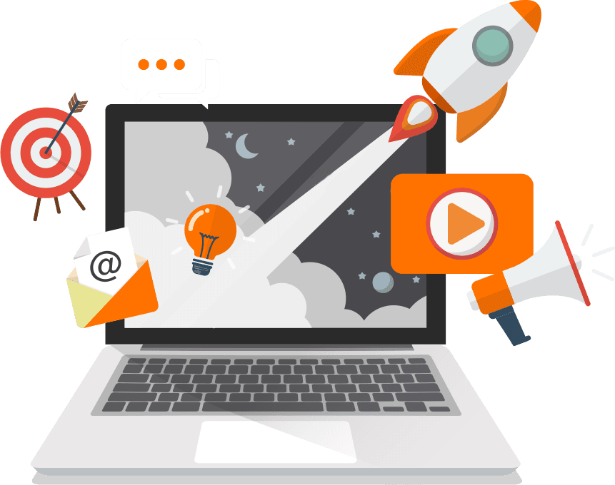 SEO Check – Laptop mit Rakete, Glühbirne, Zielscheibe, Megaphon und weiteren Marketing-Icons